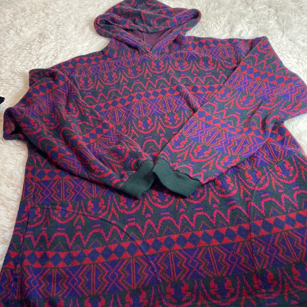 Vtg 90s Denim Express-Pockets-Hoodie Sweatshirt Aztec-L-Read